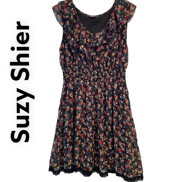 Suzy Shier Sleeveless Ruffle Floral Dress Black Red Yellow XL - Picture 1 of 10